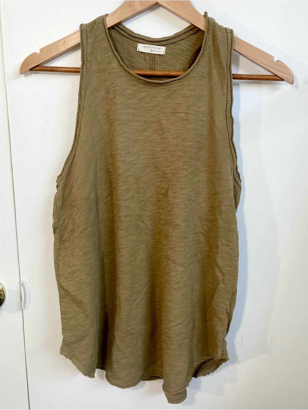 Lovestitch Racerback Cotton Slub Knit Tank Top with Curved Raw-Edge Hem in Olive